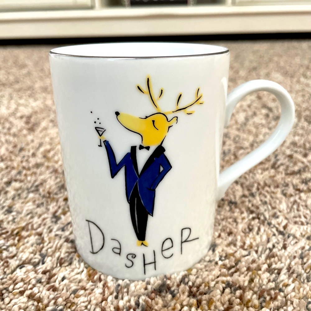 Pottery Barn Santa’s  Reindeer DASHER Mug Christmas Made in Japan Platinum Trim.